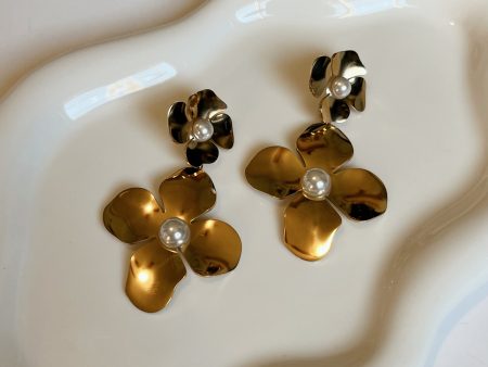 Gold plated pearl statement flower drops Online Sale